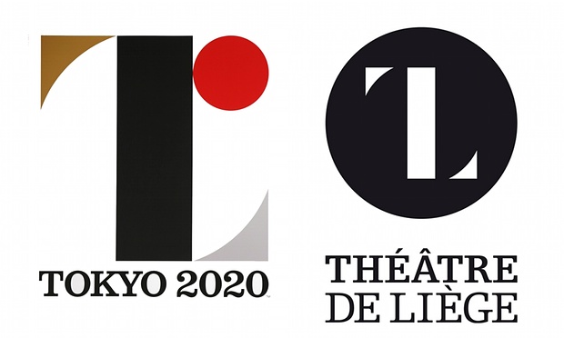 Left, the Tokyo 2020 logo. Right, the Théâtre de Liege design. Photograph: Getty Images/Guardian composite/the Guardian